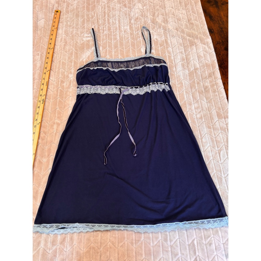 Delicates Blue Chemise Slip Dress Small Lace Mesh Velvet Trim Babydoll Nightgown